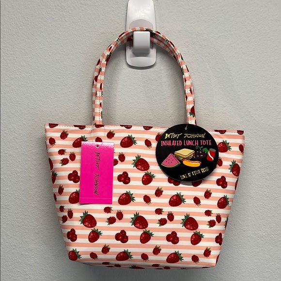 🌸 Betsey Johnson Strawberry 🍓 & Pink Striped Insulated Lunch Bag - Picture 4 of 6